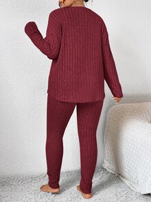 SHEIN Frenchy 女士秋季服装返校运动套装简约简约紧身纹理打底裤和长袖上衣套装女士加大两件套 - 紅色 - 查看 2