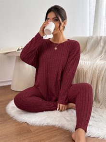 SHEIN Frenchy 女士秋季服装返校运动套装简约简约紧身纹理打底裤和长袖上衣套装女士加大两件套 - 紅色 - 查看 1
