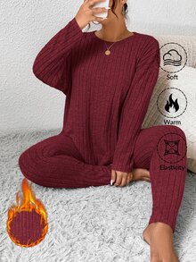 SHEIN Frenchy 女士秋季服装返校运动套装简约简约紧身纹理打底裤和长袖上衣套装女士加大两件套 - 紅色 - 查看 7