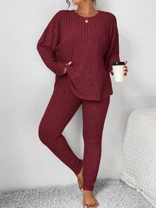 SHEIN Frenchy 女士秋季服装返校运动套装简约简约紧身纹理打底裤和长袖上衣套装女士加大两件套 - 紅色 - 查看 8
