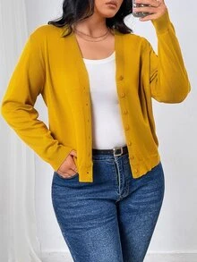 SHEIN Frenchy كارديجان قطني كاجوال أكمام طويلة بأزرار للمقاسات الكبيرة ، للشتاء - أصفر - مشاهدة 6
