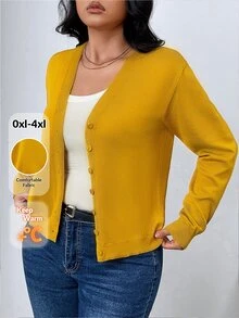 SHEIN Frenchy كارديجان قطني كاجوال أكمام طويلة بأزرار للمقاسات الكبيرة ، للشتاء - أصفر - مشاهدة 8