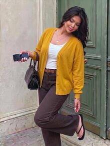 SHEIN Frenchy كارديجان قطني كاجوال أكمام طويلة بأزرار للمقاسات الكبيرة ، للشتاء - أصفر - مشاهدة 9