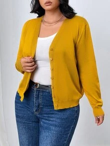 SHEIN Frenchy كارديجان قطني كاجوال أكمام طويلة بأزرار للمقاسات الكبيرة ، للشتاء - أصفر - مشاهدة 4