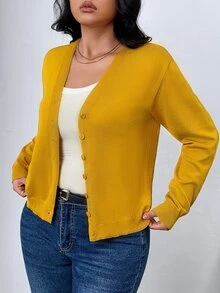 SHEIN Frenchy كارديجان قطني كاجوال أكمام طويلة بأزرار للمقاسات الكبيرة ، للشتاء - أصفر - مشاهدة 3
