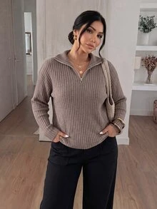 SHEIN Frenchy Casual Zip-Up Collar Fluffy Apricot Plus Size T-Shirt/Fall/Winter - Coffee Brown - View 8