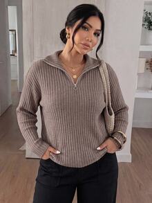 SHEIN Frenchy Casual Zip-Up Collar Fluffy Apricot Plus Size T-Shirt/Fall/Winter - Coffee Brown - View 1