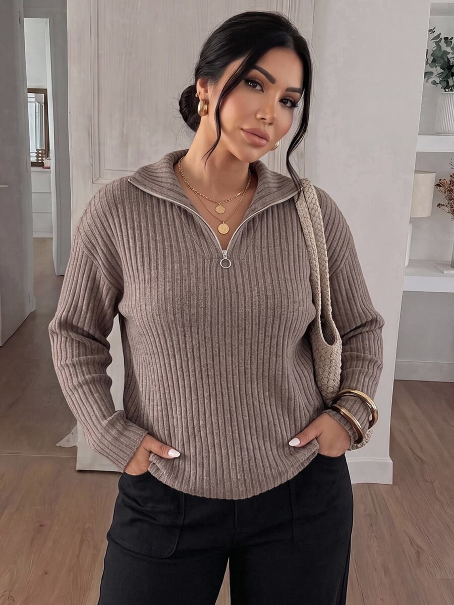 SHEIN Frenchy Casual Zip-Up Collar Fluffy Apricot Plus Size T-Shirt/Fall/Winter - Coffee Brown - View 1