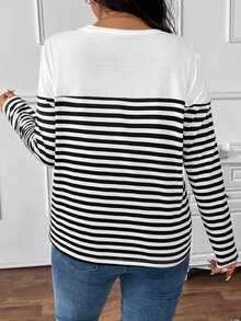 SHEIN Frenchy Plus Size Striped Patchwork Heart Embroidered Long Sleeve T-Shirt For Women Fall - Black and White - View 2