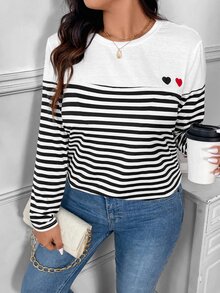 SHEIN Frenchy Plus Size Striped Patchwork Heart Embroidered Long Sleeve T-Shirt For Women Fall - Black and White - View 4