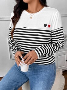 SHEIN Frenchy Plus Size Striped Patchwork Heart Embroidered Long Sleeve T-Shirt For Women Fall - Black and White - View 6