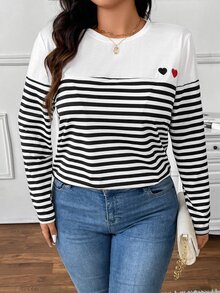 SHEIN Frenchy Plus Size Striped Patchwork Heart Embroidered Long Sleeve T-Shirt For Women Fall - Black and White - View 3