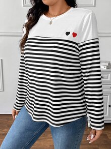 SHEIN Frenchy Plus Size Striped Patchwork Heart Embroidered Long Sleeve T-Shirt For Women Fall - Black and White - View 7