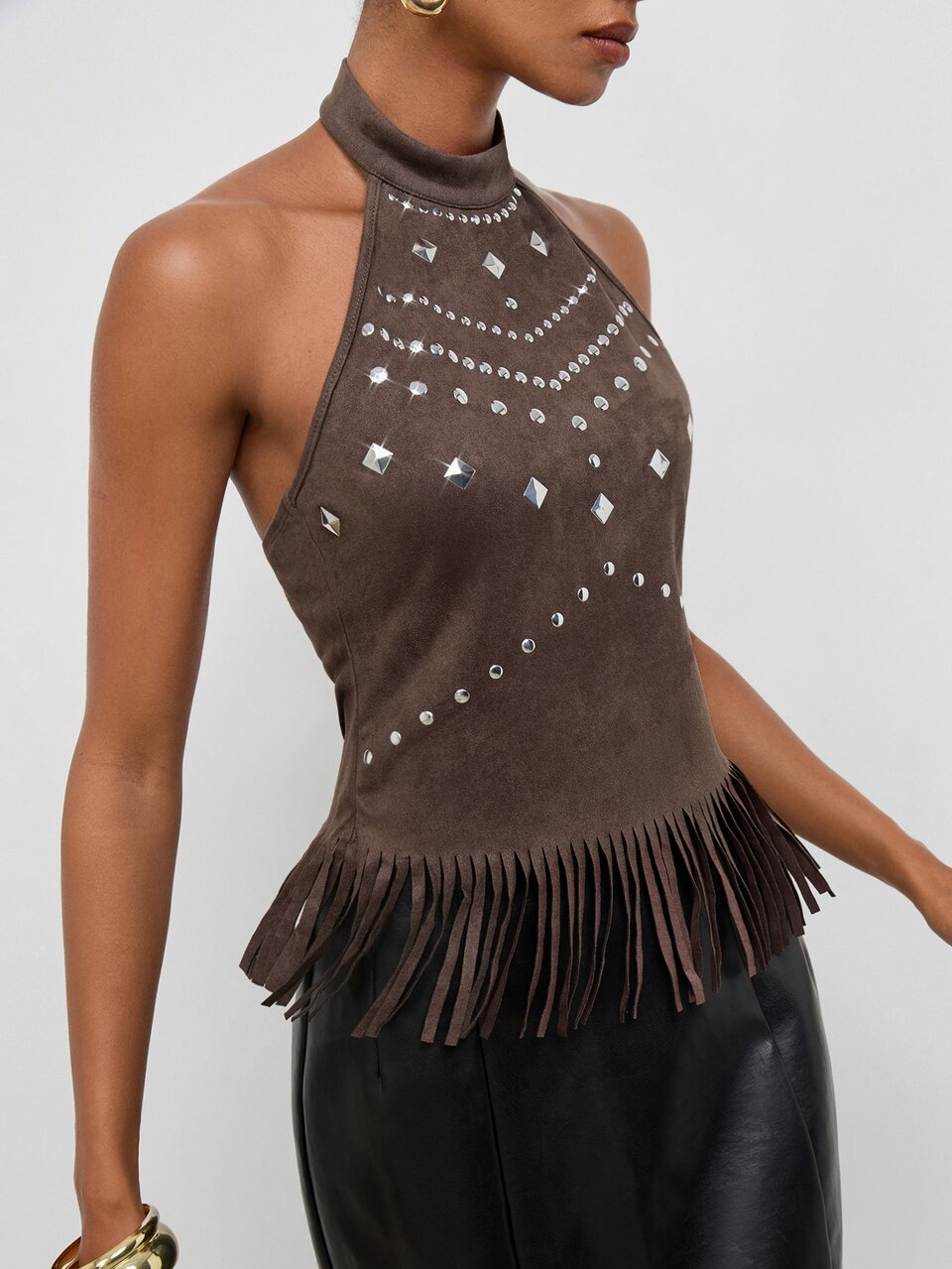 SHEIN Maija Brown Suede Tassel Foil Decor Backless Halter Top Fall/Winter Vacation Y2k Country Goth Halloween Festival Party Going Out