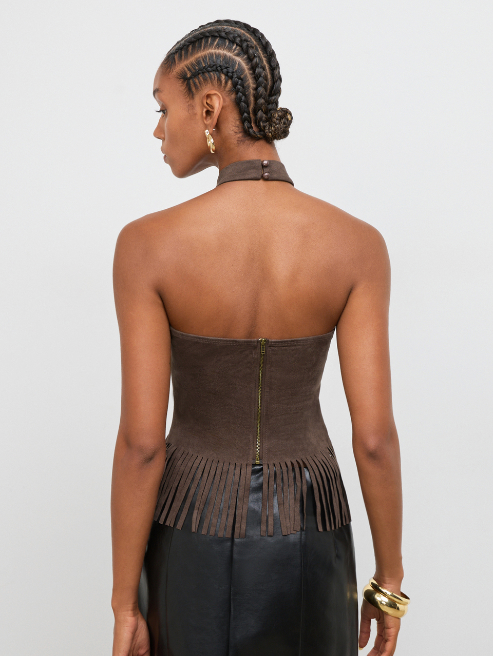 SHEIN Maija Brown Suede Tassel Foil Decor Backless Halter Top Fall/Winter Vacation Y2k Country Goth Halloween Festival Party Going Out