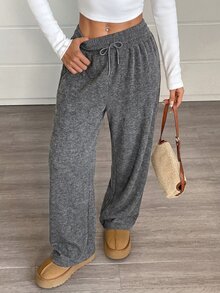 CovetEZ Plus Size Women's Solid Color Drawstring Waist Wide Leg Loose Casual Sweatpants Fall - Dark Grey - View 7