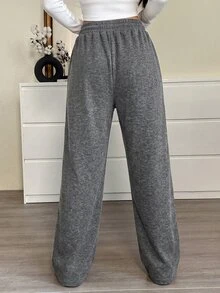 CovetEZ Plus Size Women's Solid Color Drawstring Waist Wide Leg Loose Casual Sweatpants Fall - Dark Grey - View 3