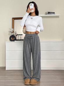 CovetEZ Plus Size Women's Solid Color Drawstring Waist Wide Leg Loose Casual Sweatpants Fall - Dark Grey - View 5
