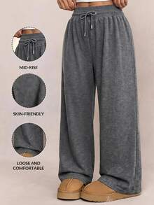 CovetEZ Plus Size Women's Solid Color Drawstring Waist Wide Leg Loose Casual Sweatpants Fall - Dark Grey - View 2