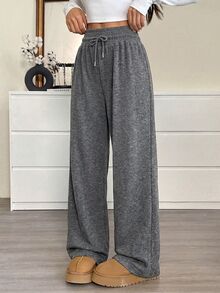 CovetEZ Plus Size Women's Solid Color Drawstring Waist Wide Leg Loose Casual Sweatpants Fall - Dark Grey - View 8