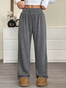 CovetEZ Plus Size Women's Solid Color Drawstring Waist Wide Leg Loose Casual Sweatpants Fall - Dark Grey - View 4