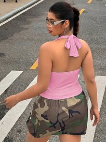CovetEZ Plus Size Women Solid Color Halter Tie Back Camisole Casual Y2k Sexy For Date Night Going Out Concert Party Rave Pastel Pink Summer - Pink - View 2
