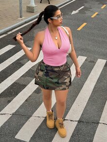 CovetEZ Plus Size Women Solid Color Halter Tie Back Camisole Casual Y2k Sexy For Date Night Going Out Concert Party Rave Pastel Pink Summer - Pink - View 3