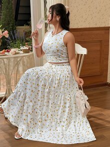 CovetEZ Plus Size Women's Summer Casual Tank Top And Mini Skirt 2-Piece Set, Ditsy Floral, Relaxed Holiday Style In Light Yellow - White - View 3