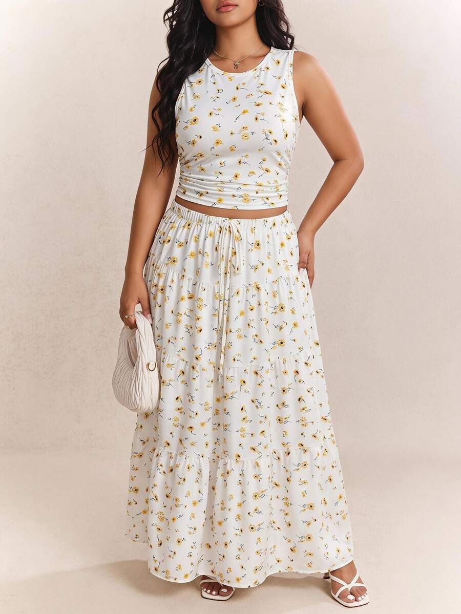 CovetEZ Plus Size Women's Summer Casual Tank Top And Mini Skirt 2-Piece Set, Ditsy Floral, Relaxed Holiday Style In Light Yellow - White - View 1