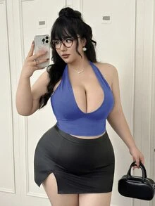CovetEZ 女士性感蓝色系带露背吊带背心，夏季短款背心 - 藍色 - 查看 5