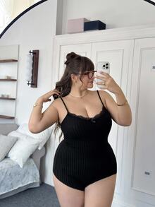 CovetEZ Plus Size Women Solid Color Contrast Lace Bow Decor Romper - Black - View 5