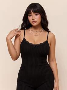 CovetEZ Plus Size Women Solid Color Contrast Lace Bow Decor Romper - Black - View 1
