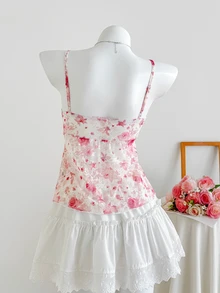 CovetEZ Plus Size Women Romantic Lace Floral Ruffle Hem Camisole, Spring/Summer 2026 New Arrival Babydoll Tops Woman Flower Top Pink Floral Top - Multicolor - View 2