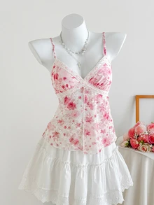 CovetEZ Plus Size Women Romantic Lace Floral Ruffle Hem Camisole, Spring/Summer 2026 New Arrival Babydoll Tops Woman Flower Top Pink Floral Top - Multicolor - View 3