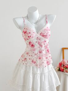 CovetEZ Plus Size Women Romantic Lace Floral Ruffle Hem Camisole, Spring/Summer 2026 New Arrival Babydoll Tops Woman Flower Top Pink Floral Top - Multicolor - View 7