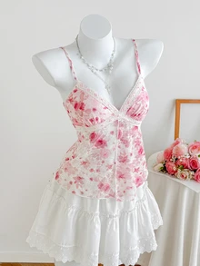 CovetEZ Plus Size Women Romantic Lace Floral Ruffle Hem Camisole, Spring/Summer 2026 New Arrival Babydoll Tops Woman Flower Top Pink Floral Top - Multicolor - View 6
