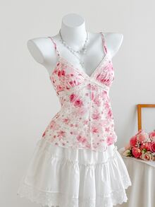 CovetEZ Plus Size Women Romantic Lace Floral Ruffle Hem Camisole, Spring/Summer 2026 New Arrival Babydoll Tops Woman Flower Top Pink Floral Top - Multicolor - View 4