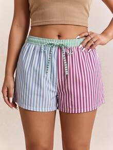 CovetEZ Casual Plus Size Colorblock Striped Print Shorts, Suitable For Summer - Multicolor - View 1