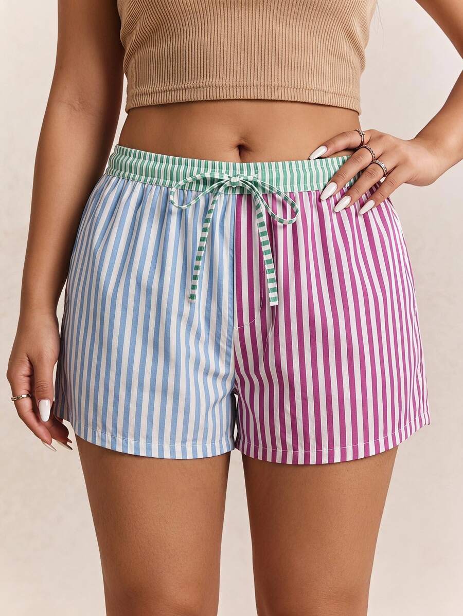CovetEZ Casual Plus Size Colorblock Striped Print Shorts, Suitable For Summer - Multicolor - View 1