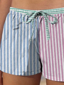 CovetEZ Casual Plus Size Colorblock Striped Print Shorts, Suitable For Summer - Multicolor - View 3