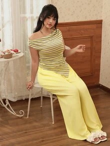 CovetEZ 大码女装两件套：提花不对称上衣和裤子，咖啡棕色，春夏休闲装 - 彩色 - 查看 6