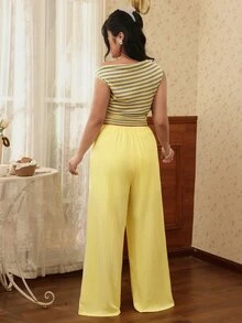 CovetEZ 大码女装两件套：提花不对称上衣和裤子，咖啡棕色，春夏休闲装 - 彩色 - 查看 2