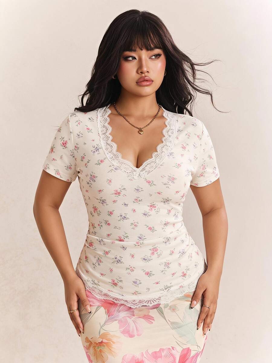 CovetEZ Spring/Summer New Cute Floral Lace Patchwork V-Neck Slim Fit Casual Plus Size T-Shirt Holiday Pink Floral Tea Party - Multicolor - View 1