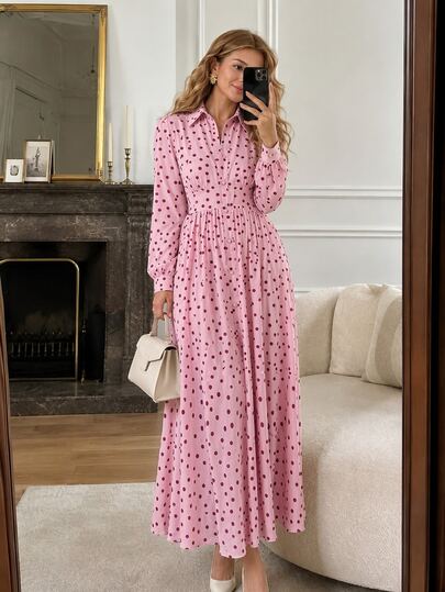 Enchnt Premium Pre-Fall Romantic Women's Elegant Pink Polka Dot Print Long Dress,Streetwear,Festival Outfits,Homecoming,Vacation Outfits,Daily
