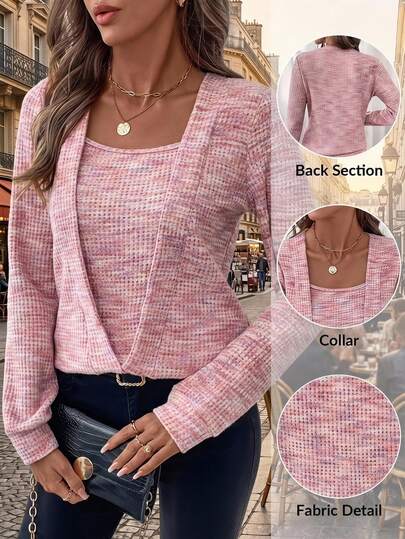 Editum Women's Elegant Light Pink Waffle Pattern Square Neck Pullover Sweatshirt, Autumn Casual Work Brunch Sports Top For Fall, Winter, Spring, Easter, Y2k