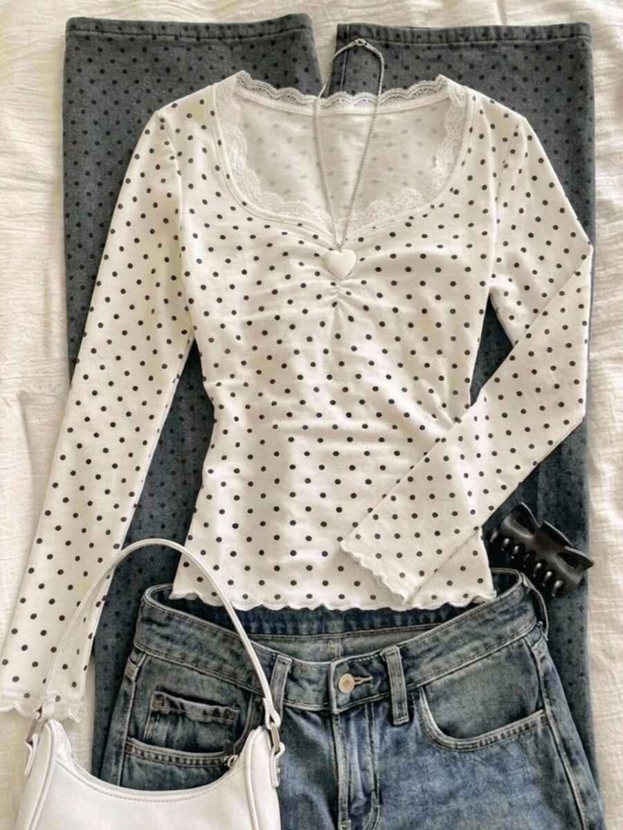 Girlism Kids Tween Girls Autumn/Winter White Long-Sleeve T-Shirt (Polka-Dot Top With Lace Trim And Paneling),Back To School,Pull,White Tops ,Long Sleeve Tops - White - View 1