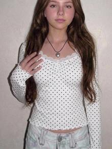 Girlism Kids Tween Girls Autumn/Winter White Long-Sleeve T-Shirt (Polka-Dot Top With Lace Trim And Paneling),Back To School,Pull,White Tops ,Long Sleeve Tops - White - View 3