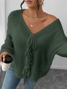 SHEIN Frenchy Plus Size Women Solid Color Knit French Fuzzy Sweater, Bowknot Front Design, Suitable For Casual, Home, School Wear, Autumn/Winter Green Cardigan - Army Green - View 4