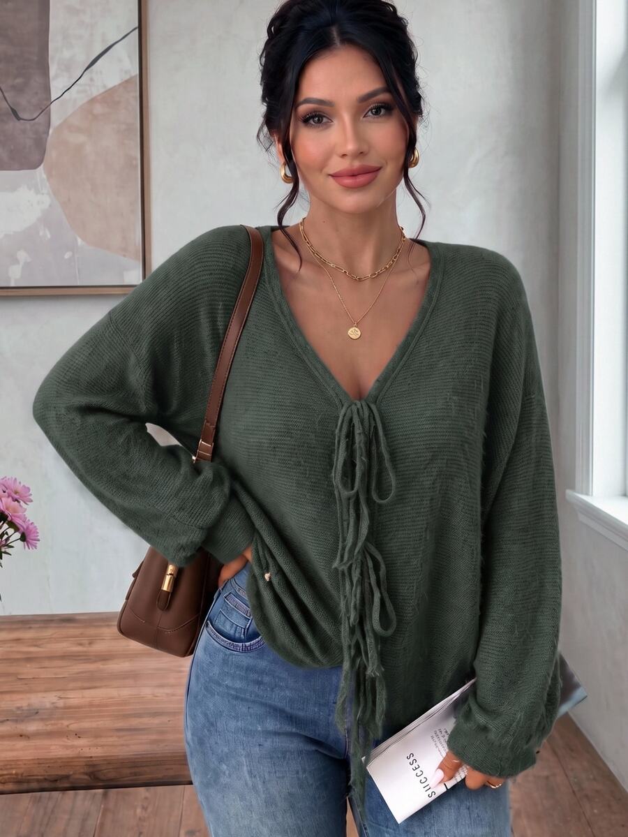 SHEIN Frenchy Plus Size Women Solid Color Knit French Fuzzy Sweater, Bowknot Front Design, Suitable For Casual, Home, School Wear, Autumn/Winter Green Cardigan - Army Green - View 1