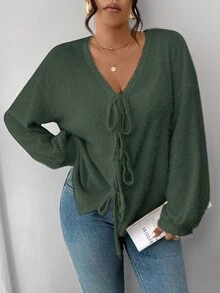 SHEIN Frenchy Plus Size Women Solid Color Knit French Fuzzy Sweater, Bowknot Front Design, Suitable For Casual, Home, School Wear, Autumn/Winter Green Cardigan - Army Green - View 7